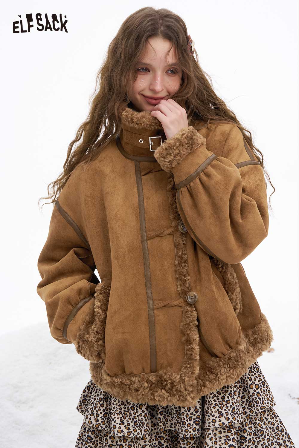 ELFSACK Soft Loose Plush Convertible Lapel High Neck Wool Blend Coat