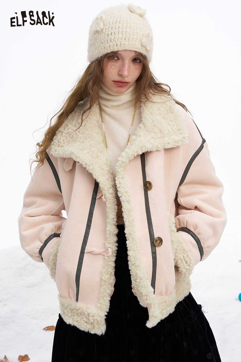 ELFSACK Soft Loose Plush Convertible Lapel High Neck Wool Blend Coat