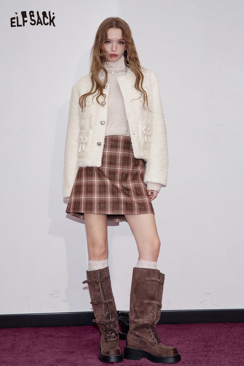 ELFSACK Wool Blend 3D Detachable Bow Detail Structured Coat