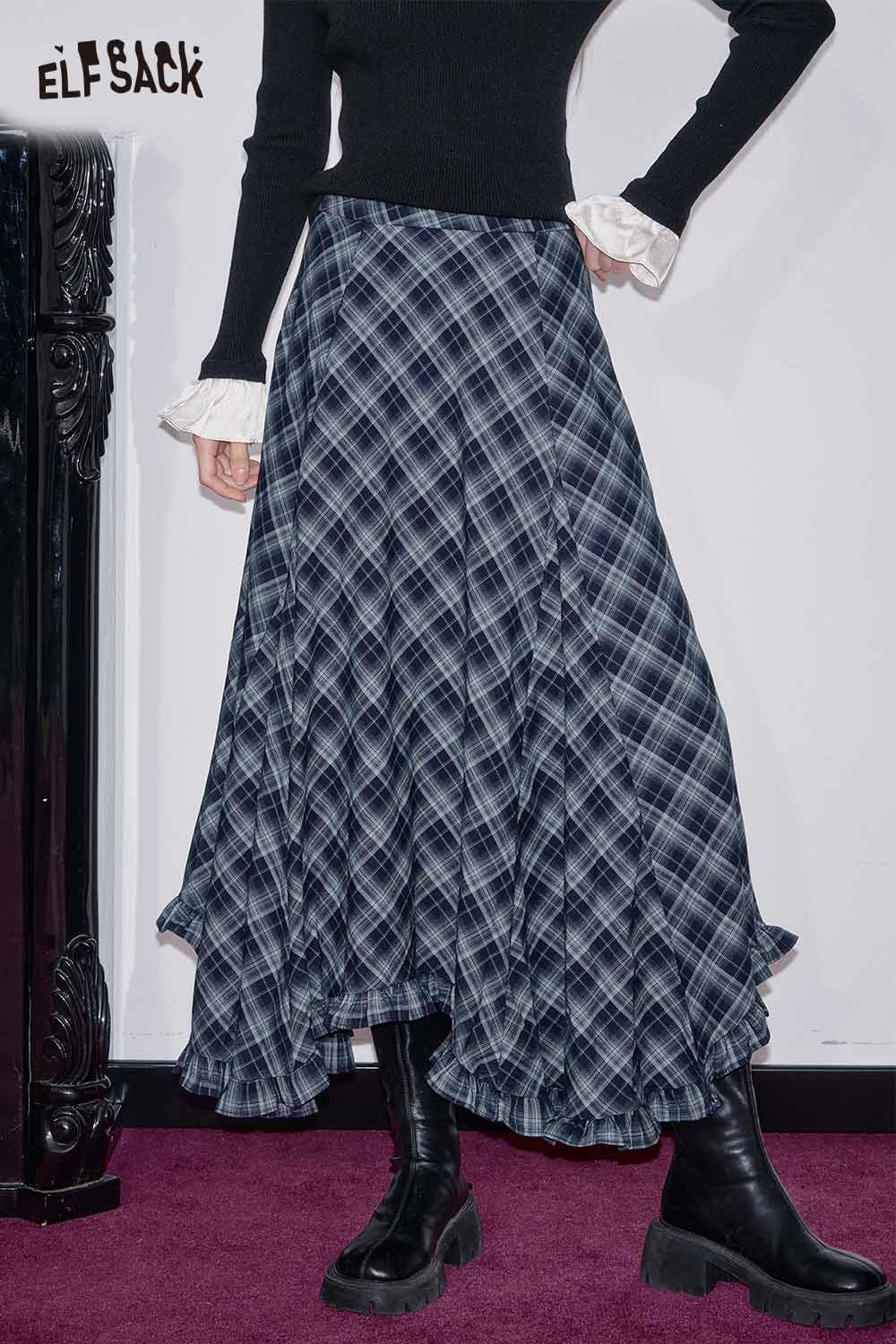 ELFSACK Wool Blend Checkered Pattern Draped Waist Asymmetric Hem Skirt