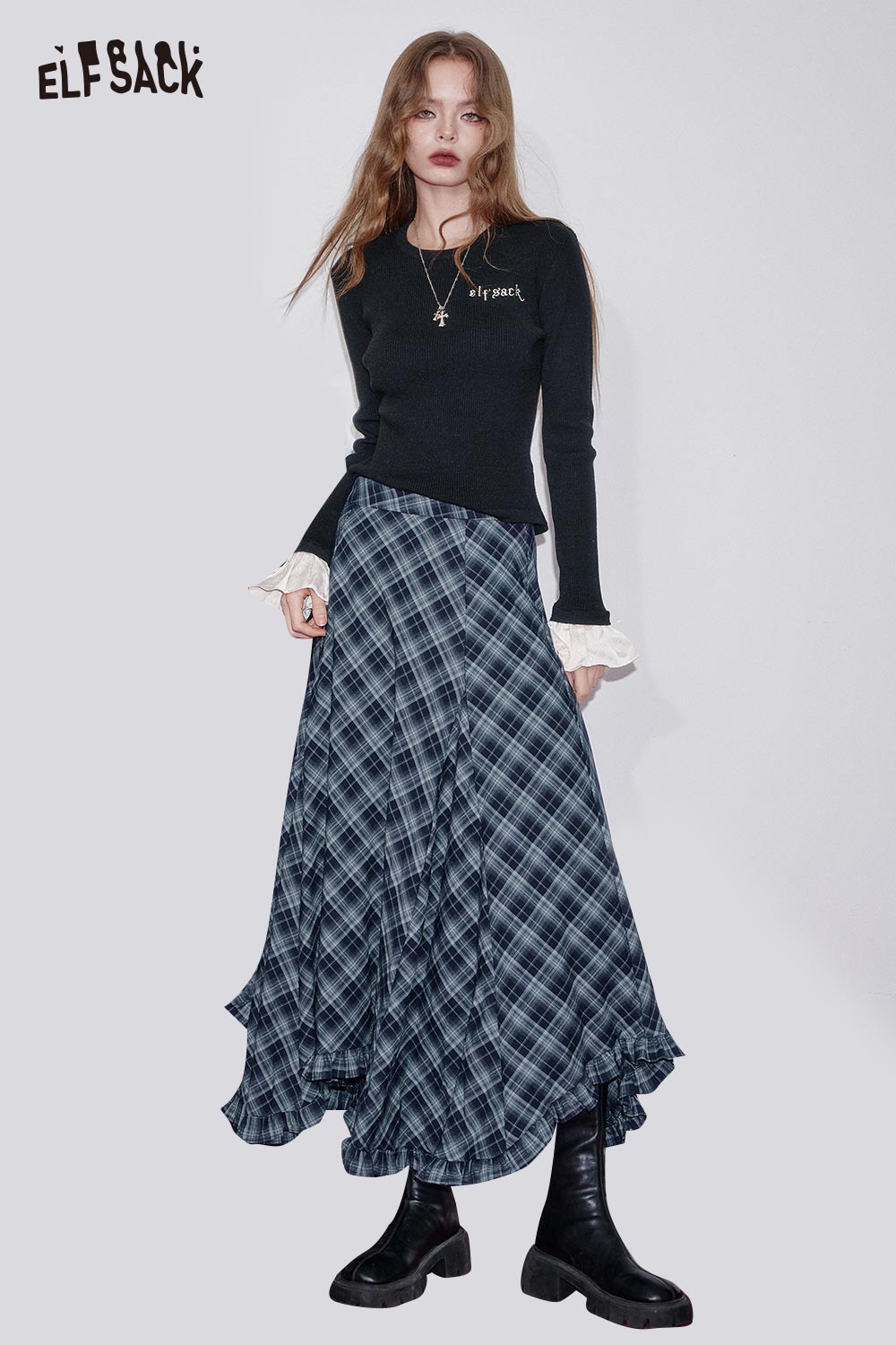 ELFSACK Wool Blend Checkered Pattern Draped Waist Asymmetric Hem Skirt