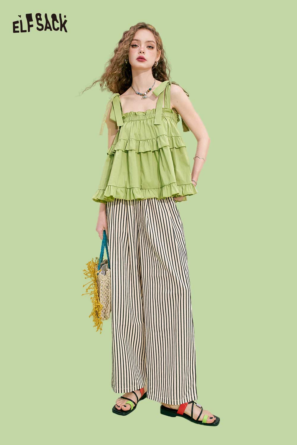 ELFSACK Vertical Striped Elastic Waist Wide Leg Pants