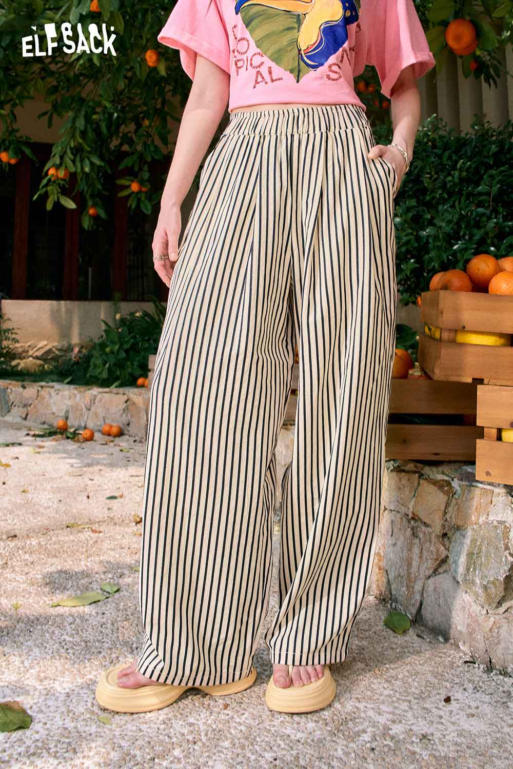 ELFSACK Vertical Striped Elastic Waist Wide Leg Pants