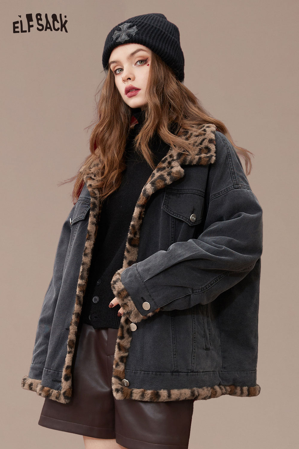 ELFSACK Vintage Animal Print Color Block Quilted Denim Faux Rabbit Fur Coat