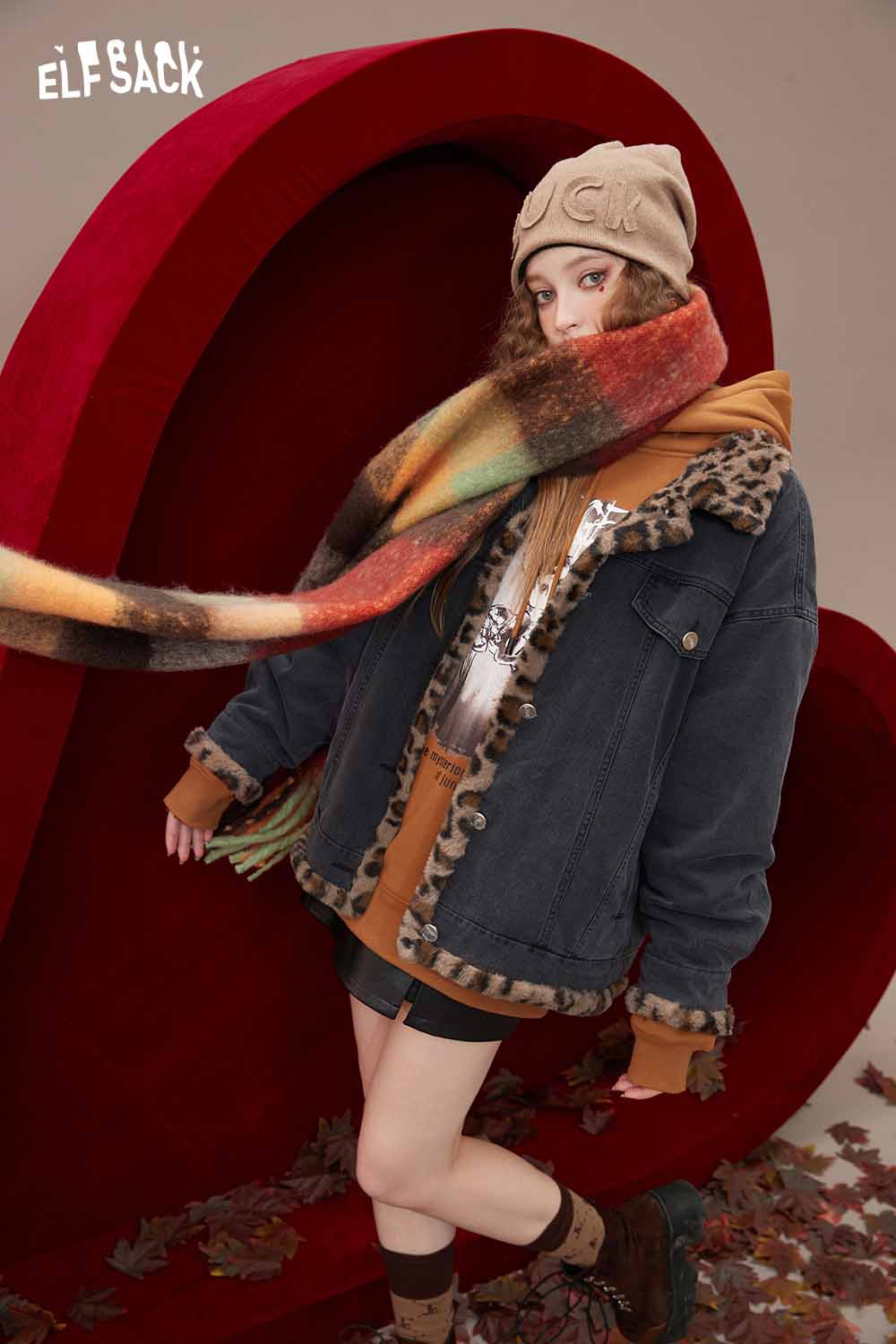 ELFSACK Vintage Animal Print Color Block Quilted Denim Faux Rabbit Fur Coat