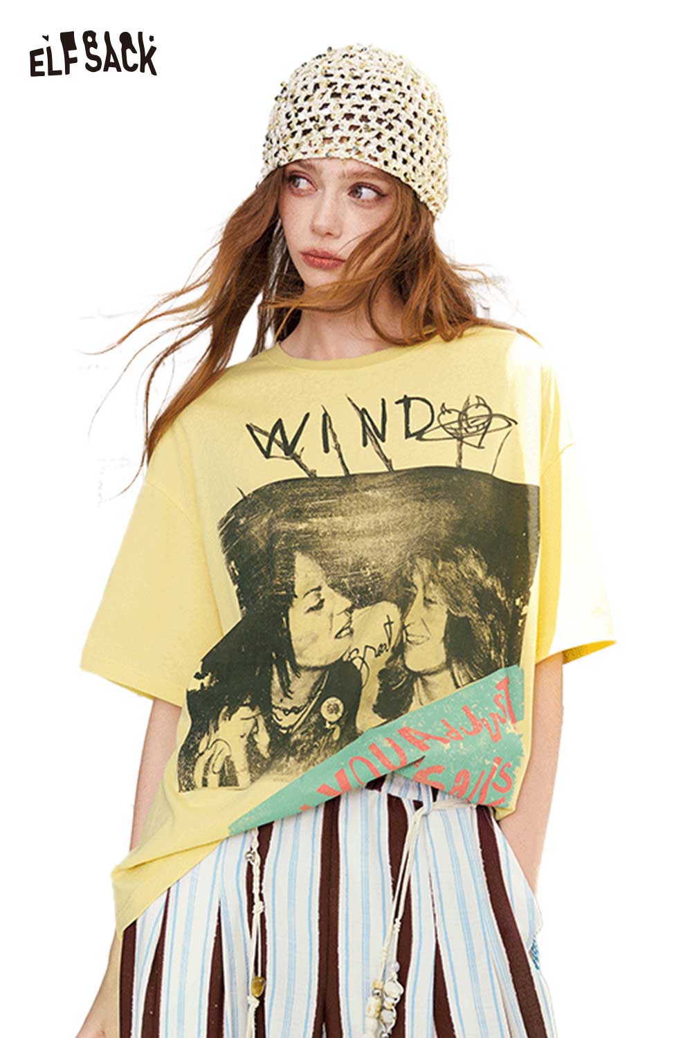 ELFSACK Vintage Band Print Oversized T-Shirt