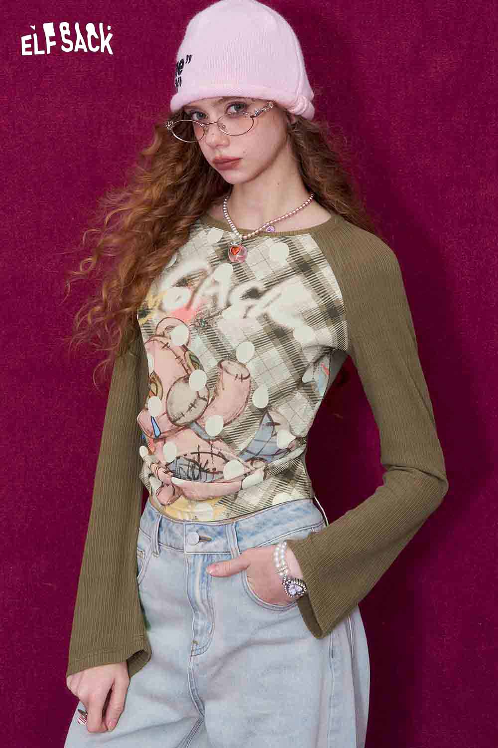 ELFSACK Vintage Whimsical Polka Dot Bear Print Contrast Sleeve Long Sleeve Top