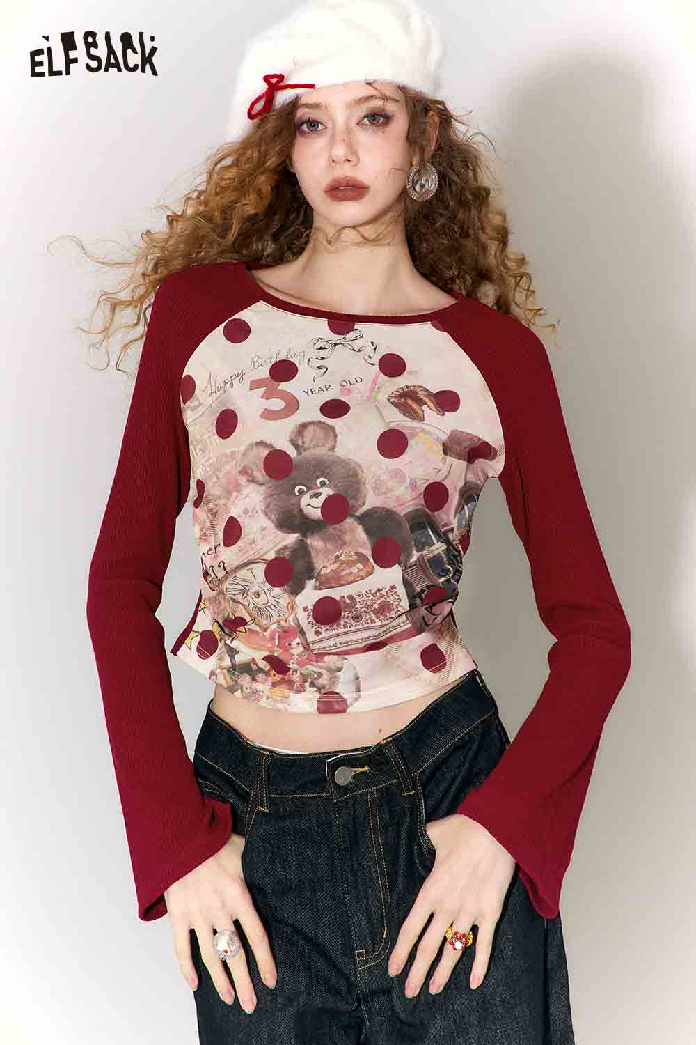 ELFSACK Vintage Whimsical Polka Dot Bear Print Contrast Sleeve Long Sleeve Top