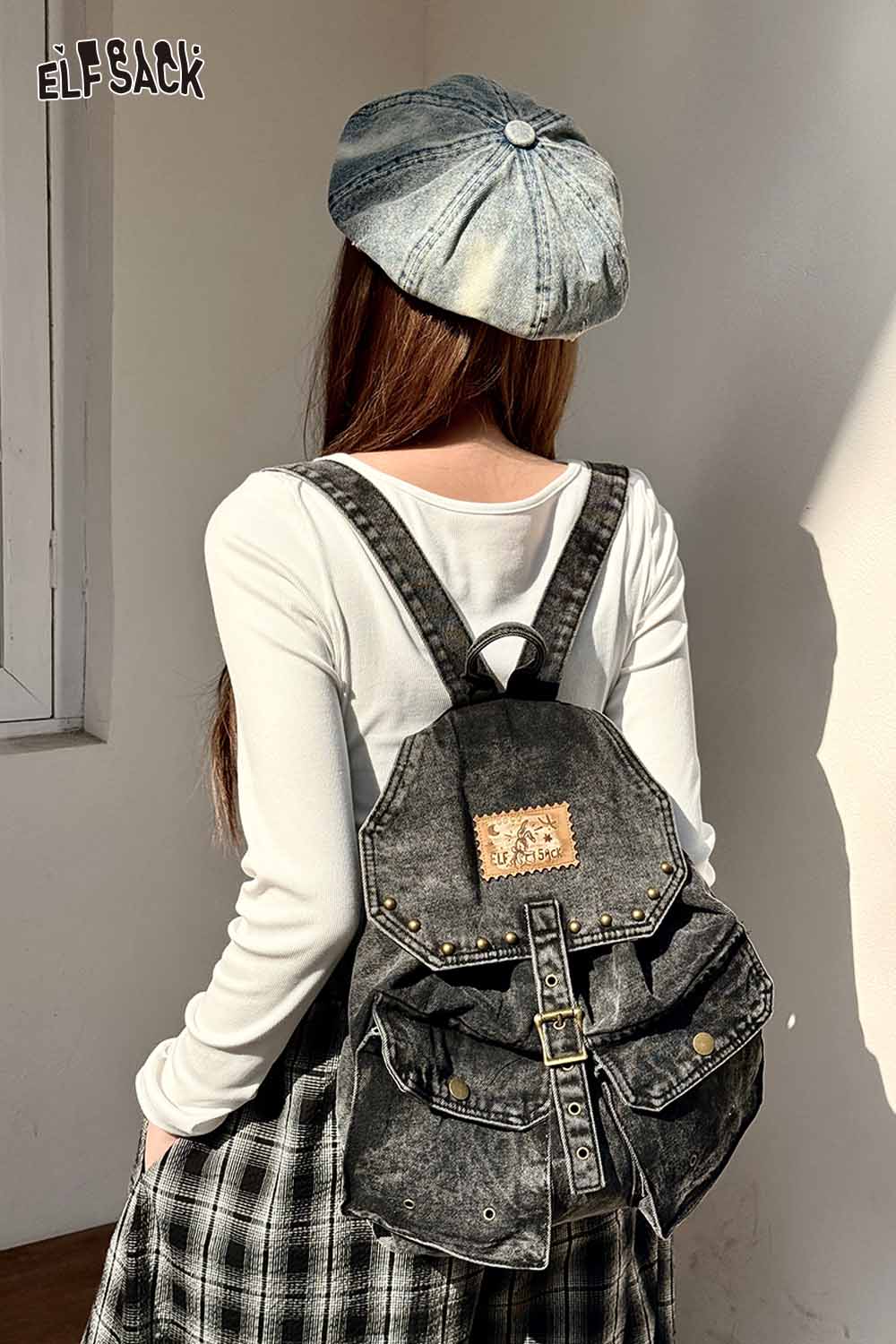 ELFSACK Vintage Washed Black Denim Backpack