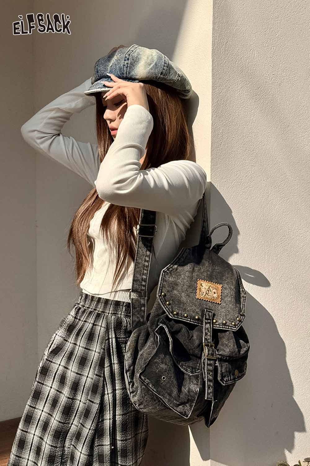 ELFSACK Vintage Washed Black Denim Backpack
