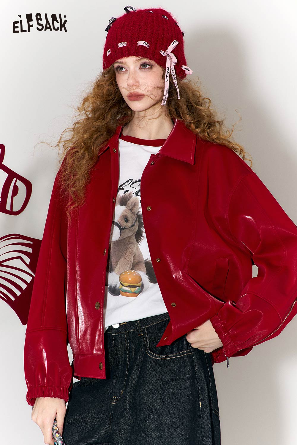 ELFSACK Vintage Burgundy Drawstring Lapel Leather Jacket