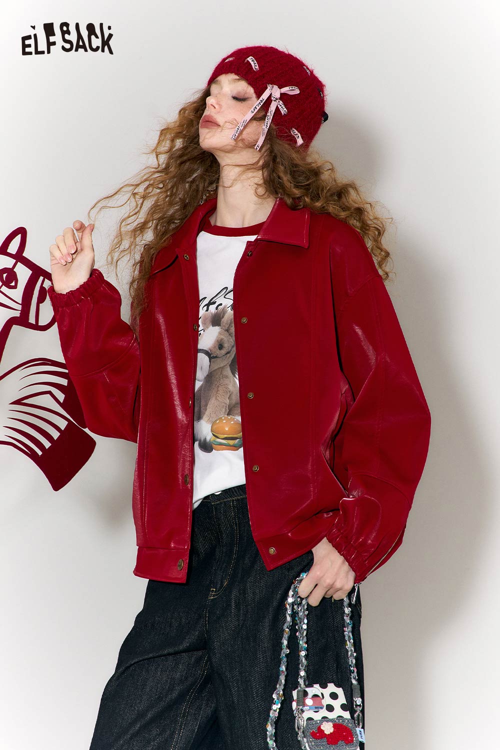 ELFSACK Vintage Burgundy Drawstring Lapel Leather Jacket