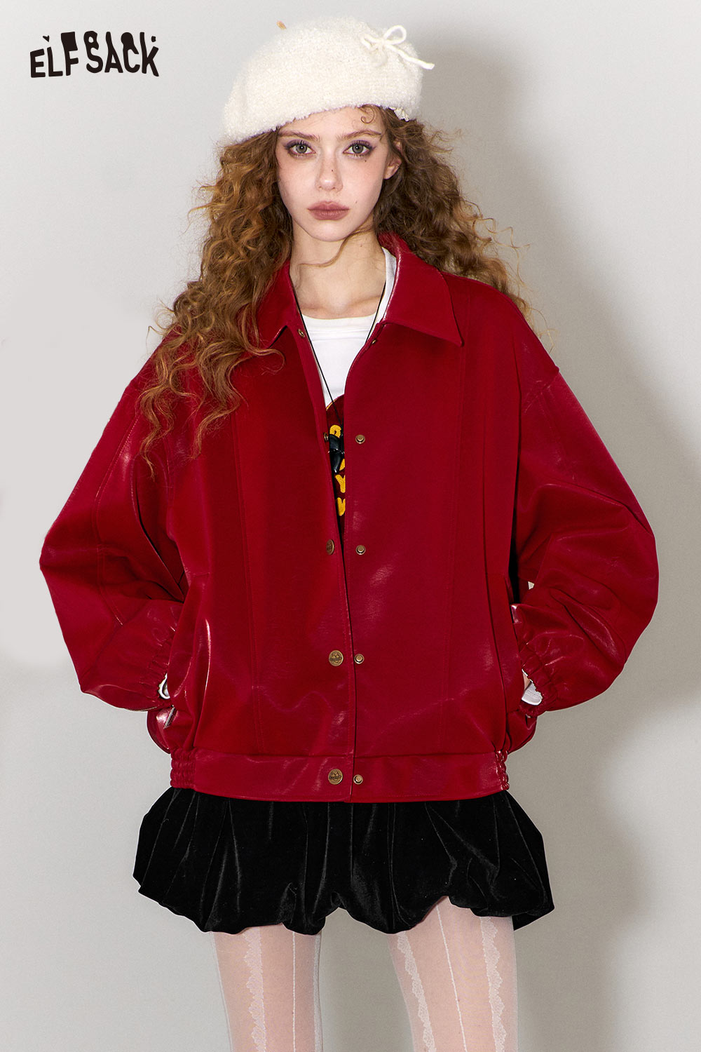 ELFSACK Vintage Burgundy Drawstring Lapel Leather Jacket