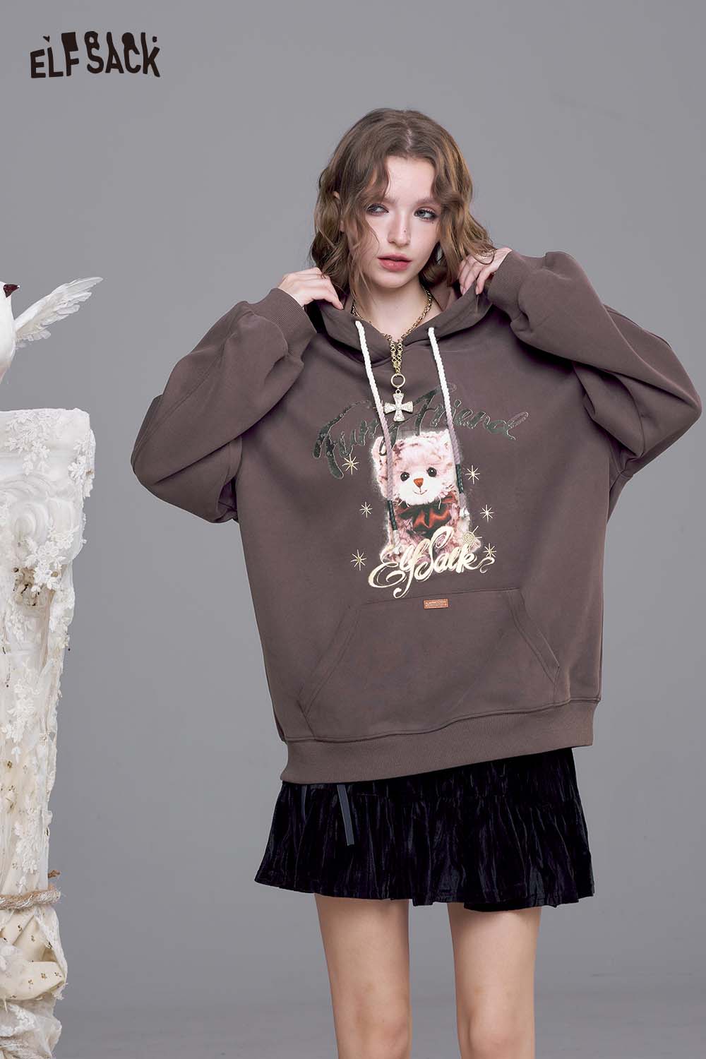 ELFSACK Cotton Blend Vintage Cartoon Graphic and Raw Hem Detail Oversized Washed Hoodie