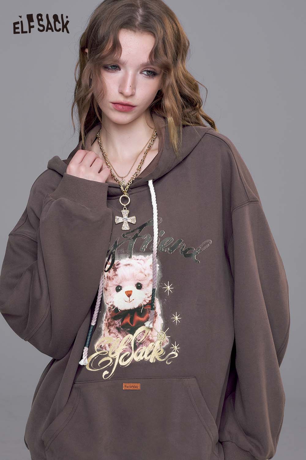 ELFSACK Cotton Blend Vintage Cartoon Graphic and Raw Hem Detail Oversized Washed Hoodie