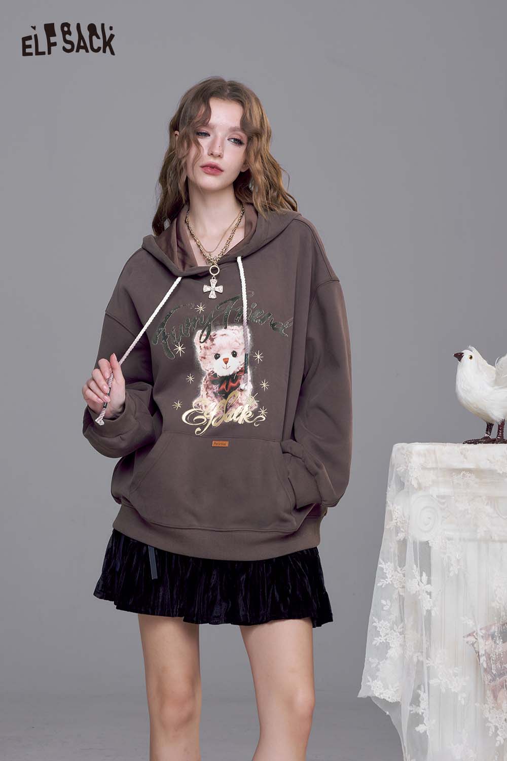 ELFSACK Cotton Blend Vintage Cartoon Graphic and Raw Hem Detail Oversized Washed Hoodie