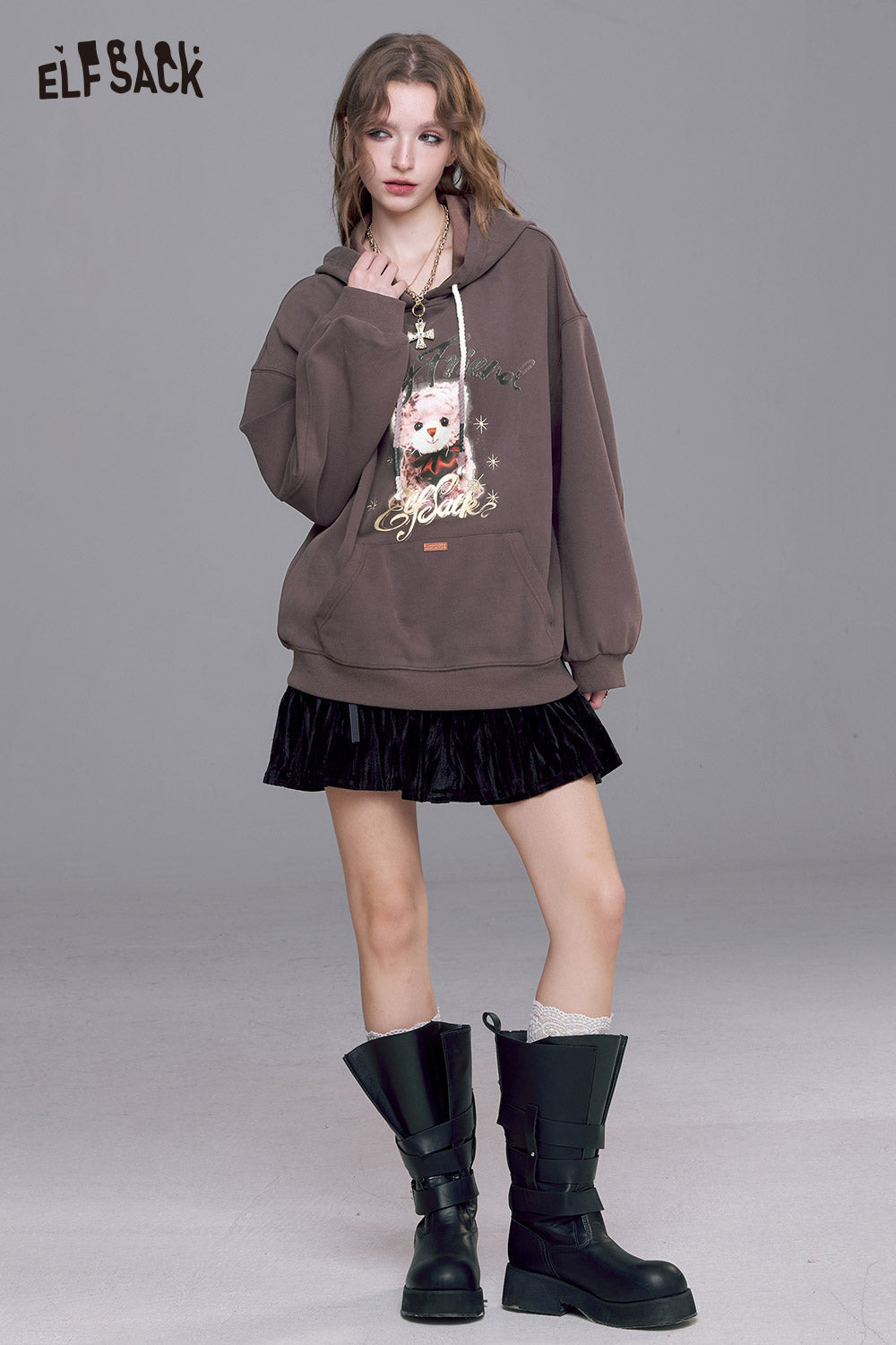 ELFSACK Cotton Blend Vintage Cartoon Graphic and Raw Hem Detail Oversized Washed Hoodie