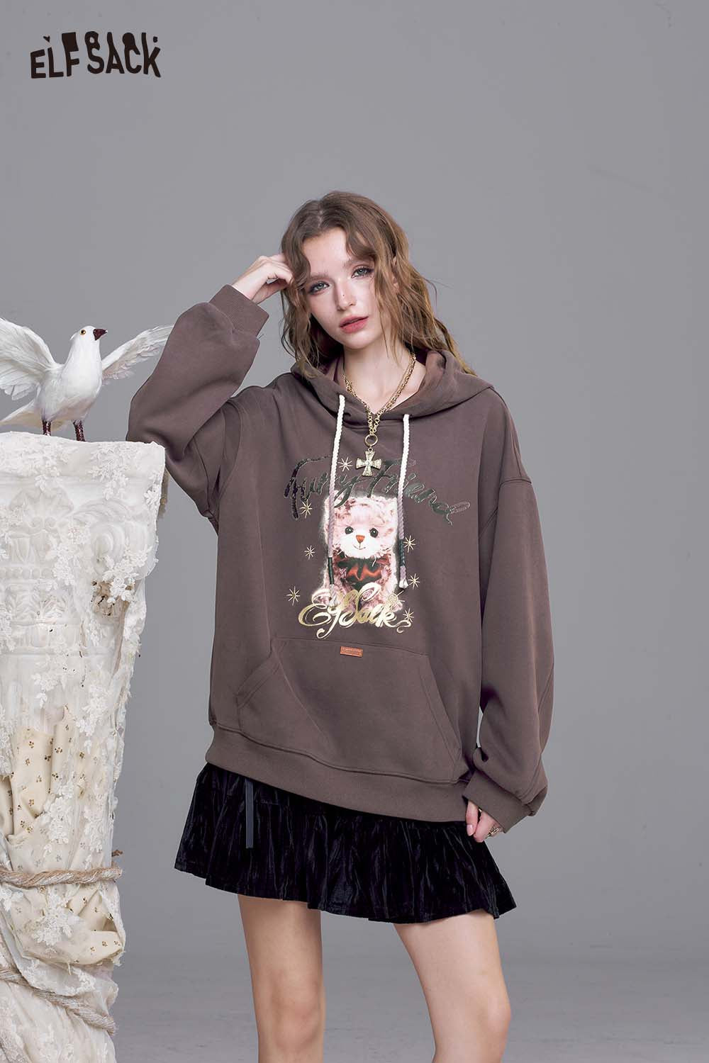 ELFSACK Cotton Blend Vintage Cartoon Graphic and Raw Hem Detail Oversized Washed Hoodie