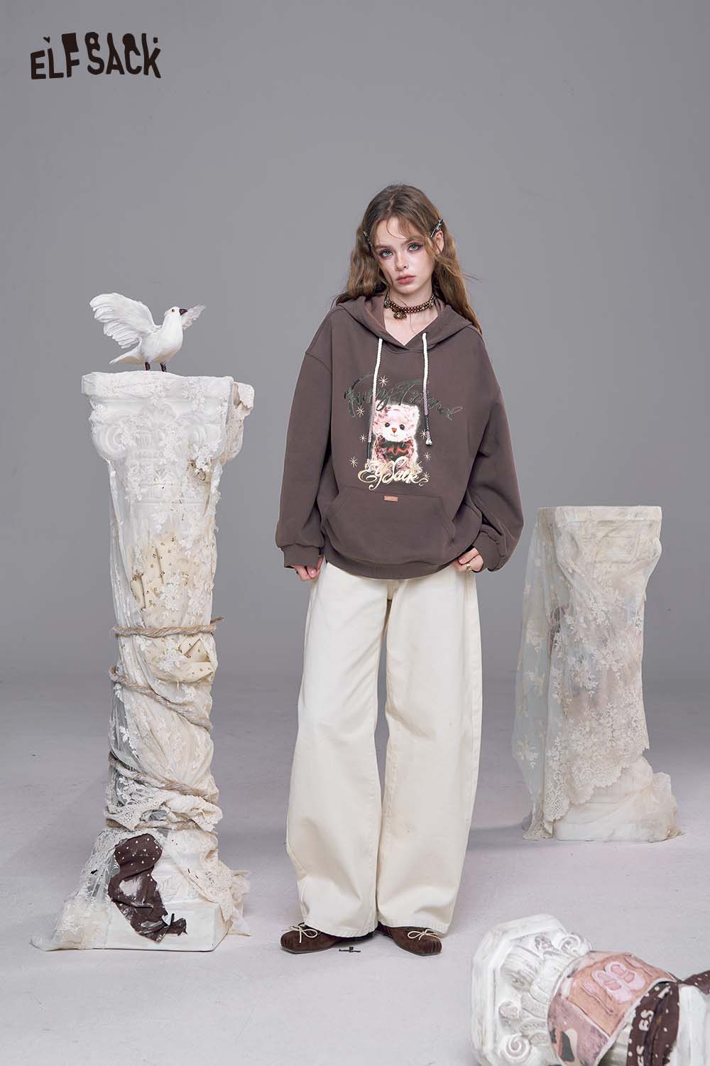 ELFSACK Cotton Blend Vintage Cartoon Graphic and Raw Hem Detail Oversized Washed Hoodie