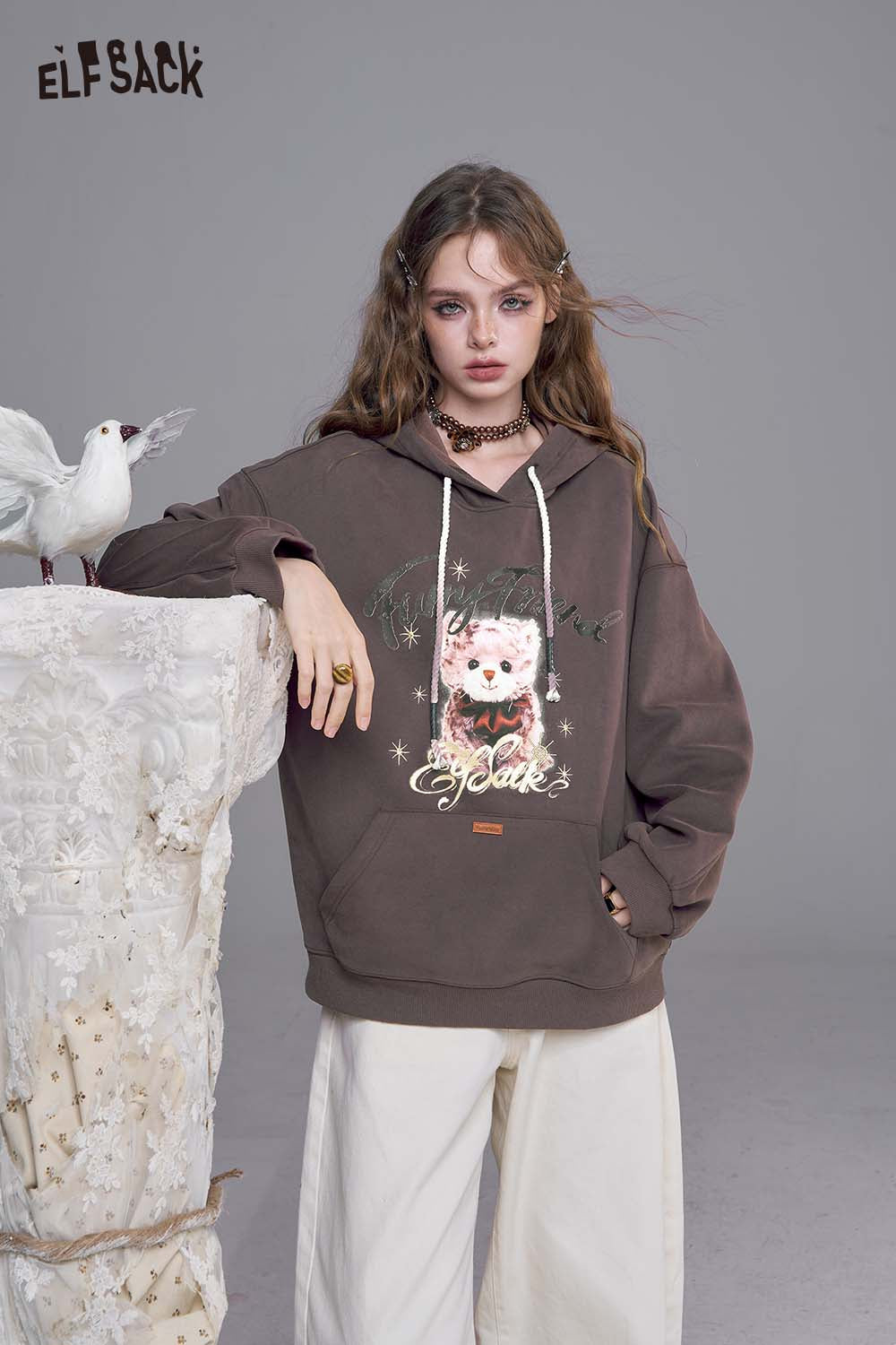 ELFSACK Cotton Blend Vintage Cartoon Graphic and Raw Hem Detail Oversized Washed Hoodie
