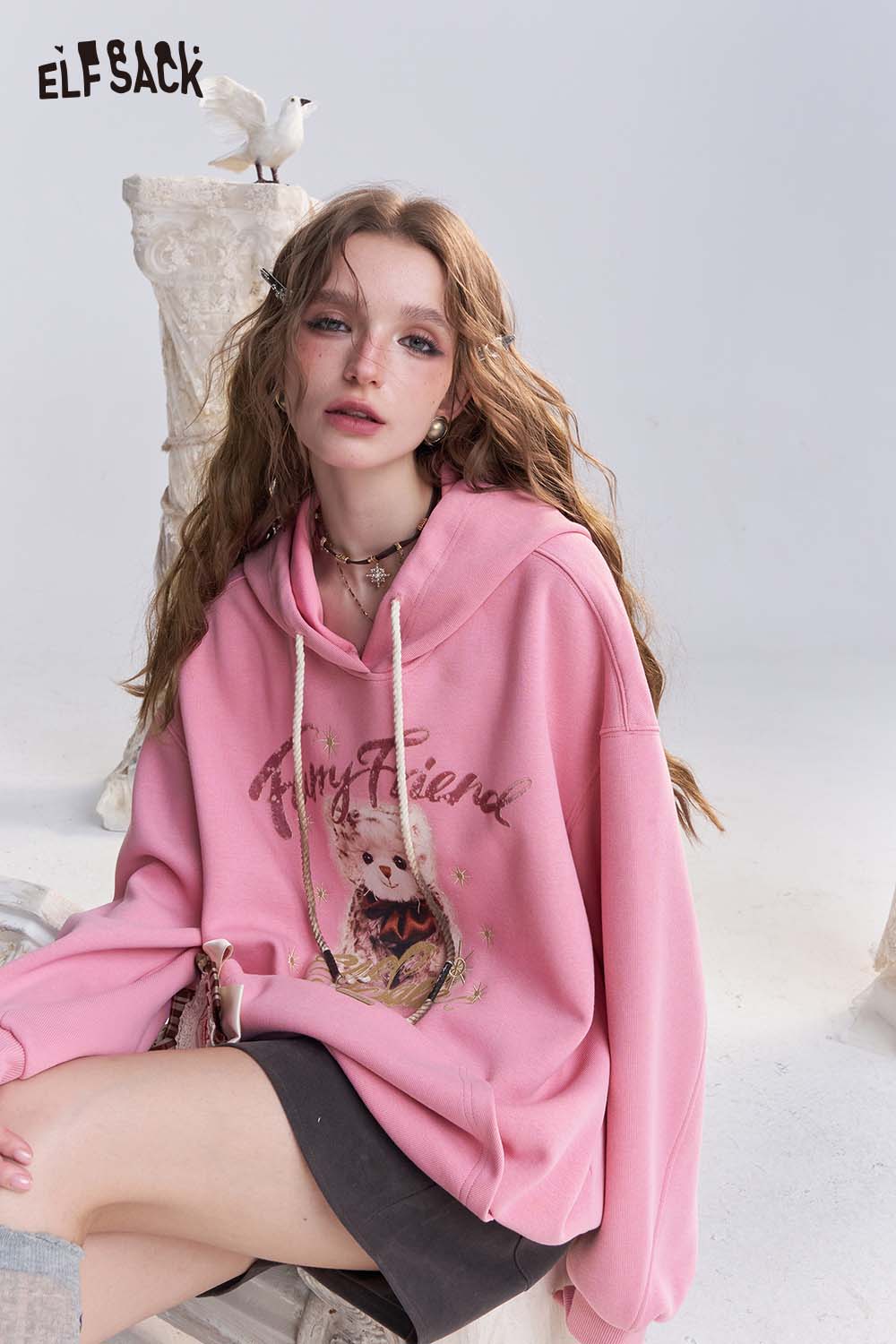 ELFSACK Cotton Blend Vintage Cartoon Graphic and Raw Hem Detail Oversized Washed Hoodie