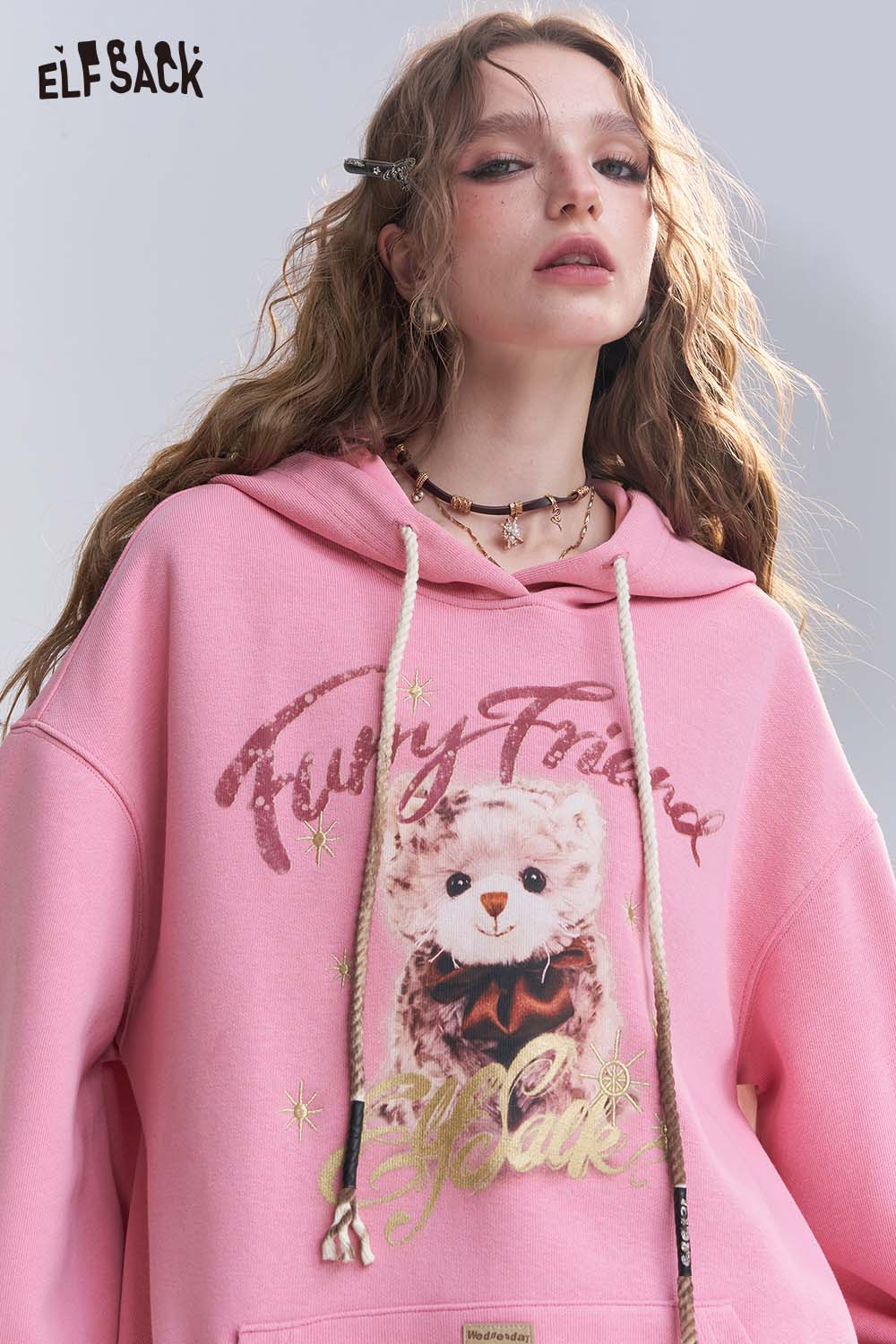 ELFSACK Cotton Blend Vintage Cartoon Graphic and Raw Hem Detail Oversized Washed Hoodie