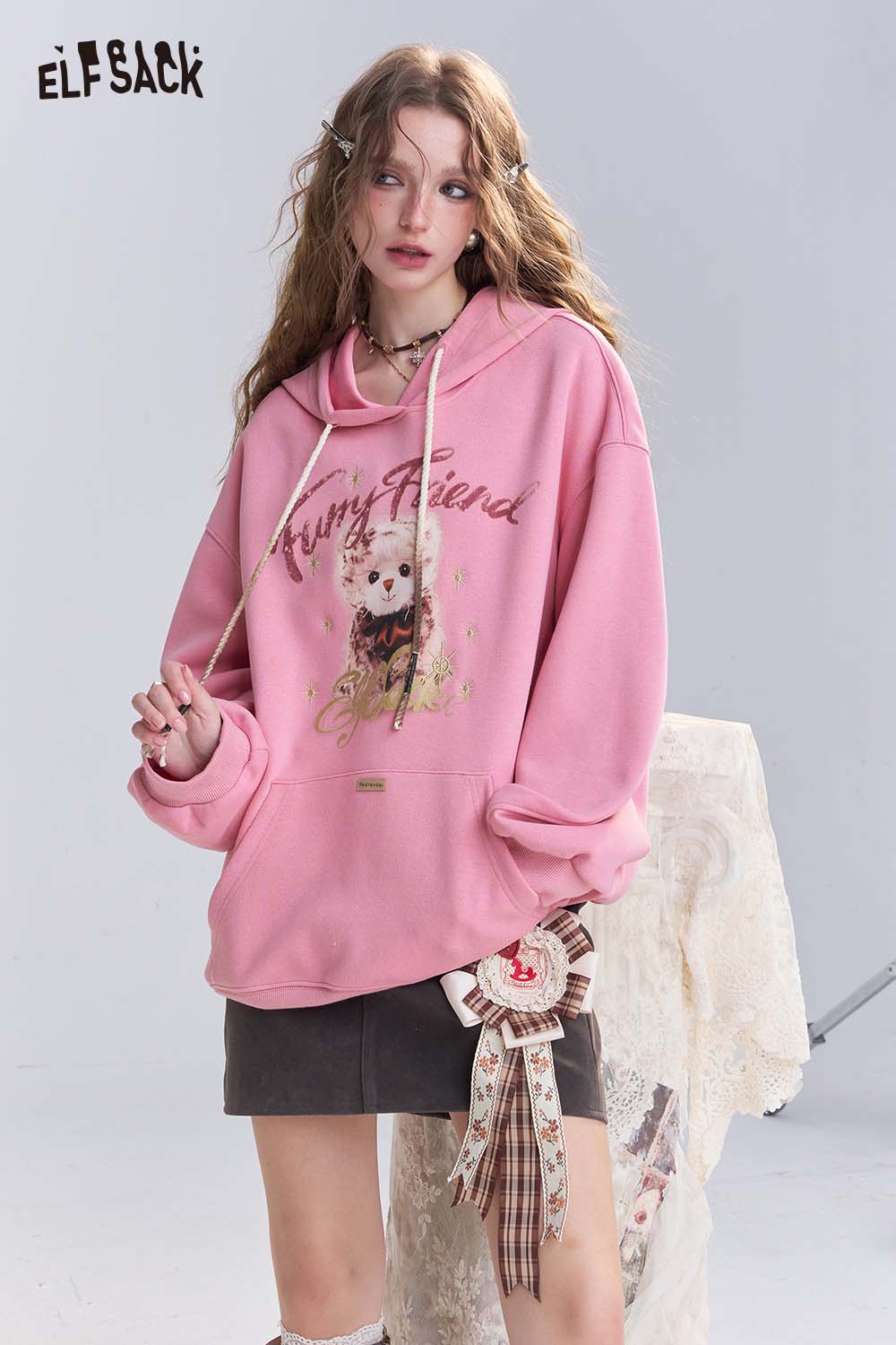 ELFSACK Cotton Blend Vintage Cartoon Graphic and Raw Hem Detail Oversized Washed Hoodie