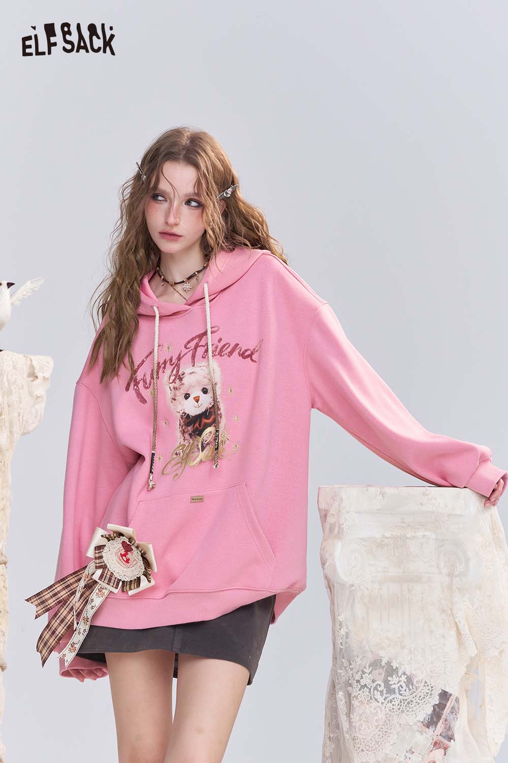 ELFSACK Cotton Blend Vintage Cartoon Graphic and Raw Hem Detail Oversized Washed Hoodie