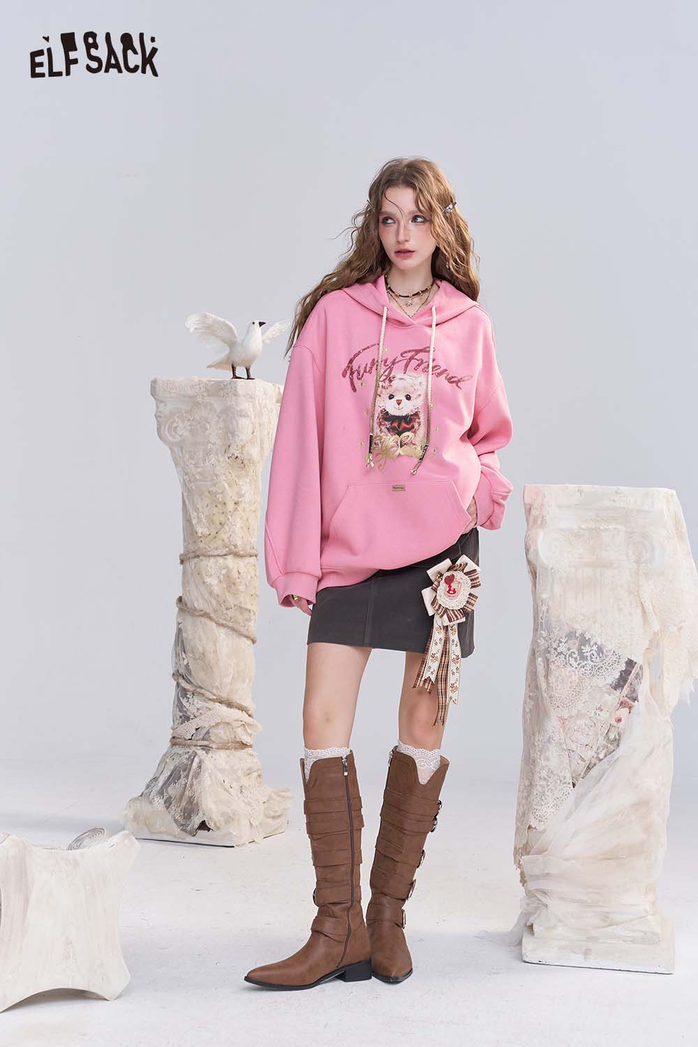 ELFSACK Cotton Blend Vintage Cartoon Graphic and Raw Hem Detail Oversized Washed Hoodie
