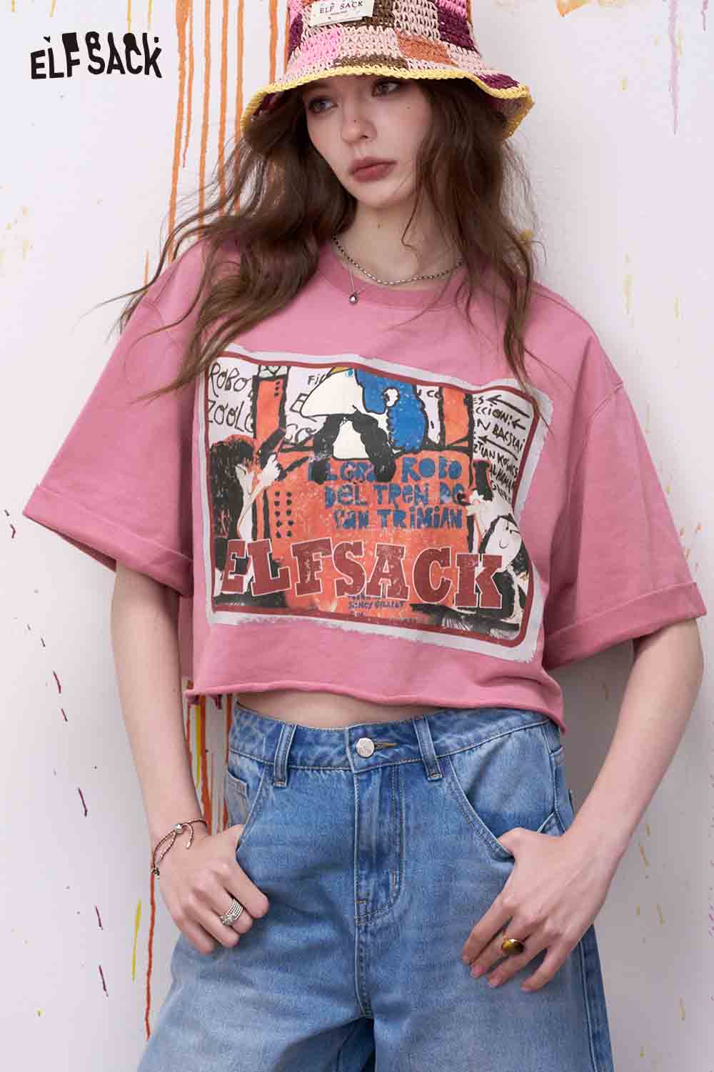 ELFSACK Vintage Cartoon Print Cropped Tee