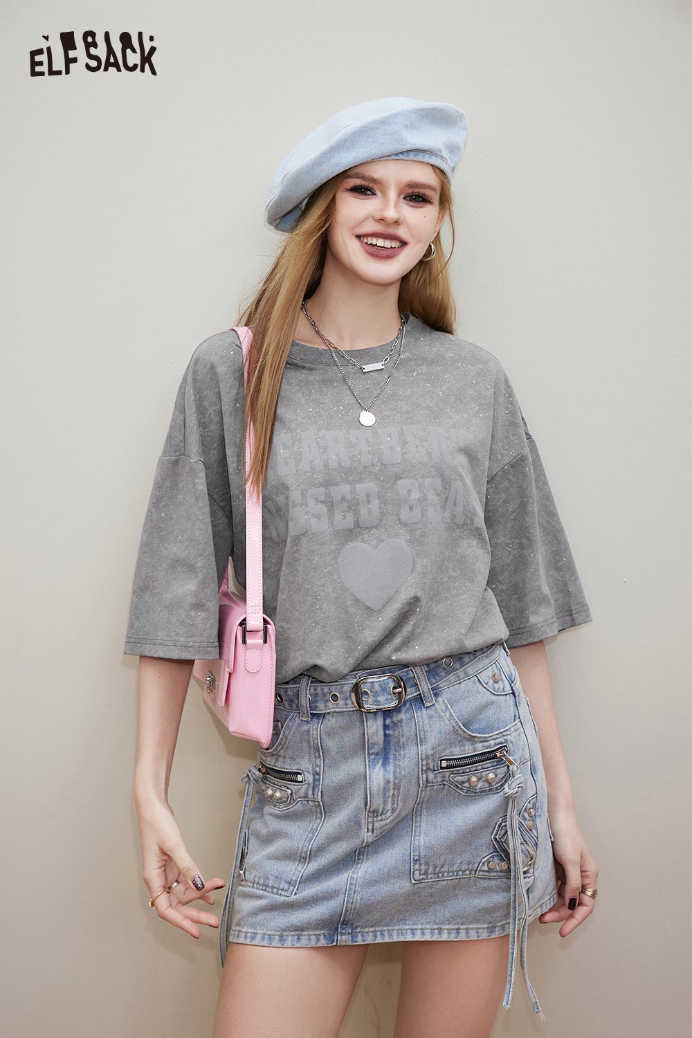 ELFSACK Vintage Casual Loose Glitter Short Sleeve Top
