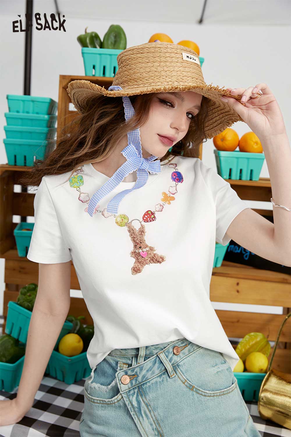 ELFSACK Vintage Casual Rainbow Necklace Print Loose T-Shirt