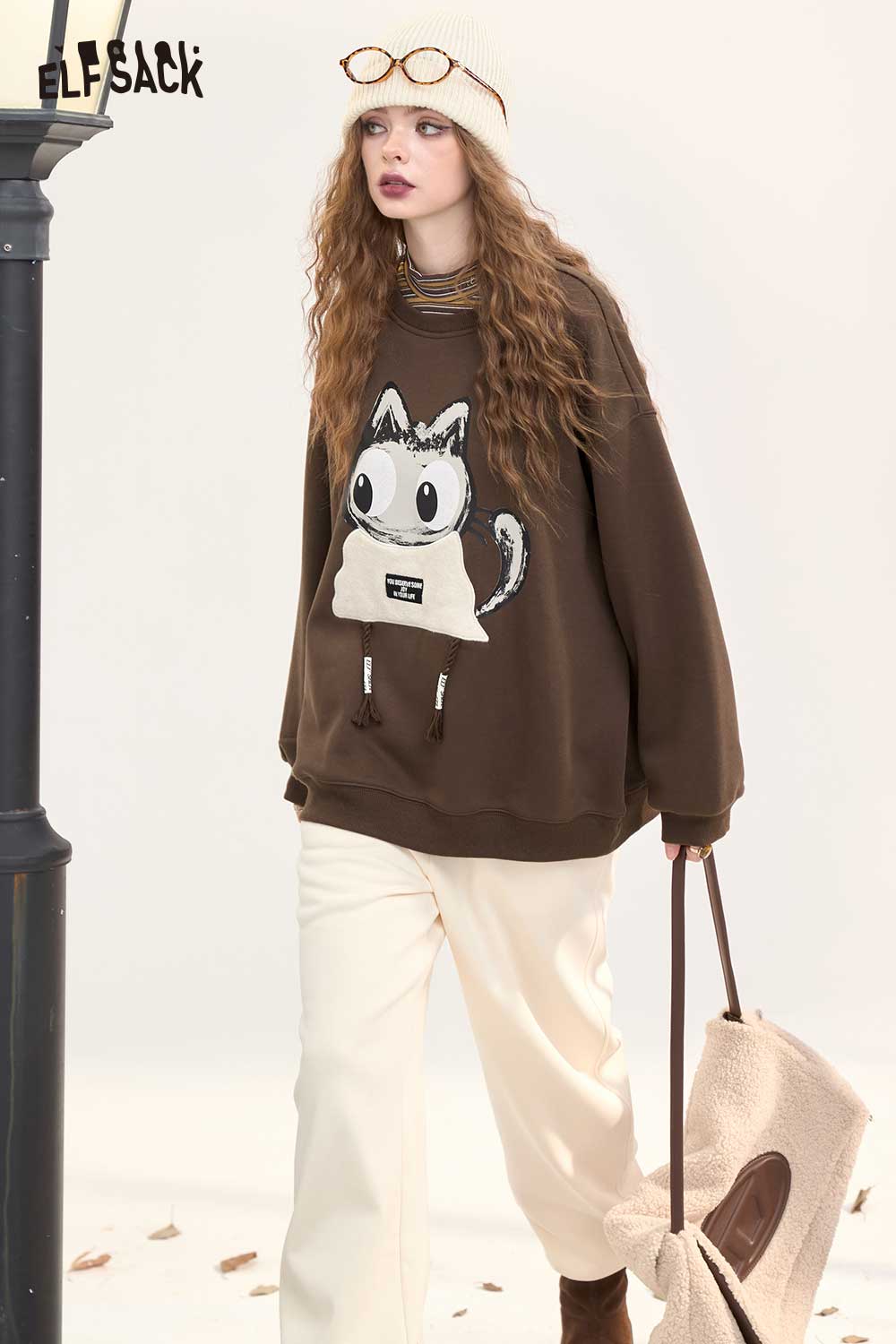 ELFSACK Vintage Cat Graphic Fleece Hoodie