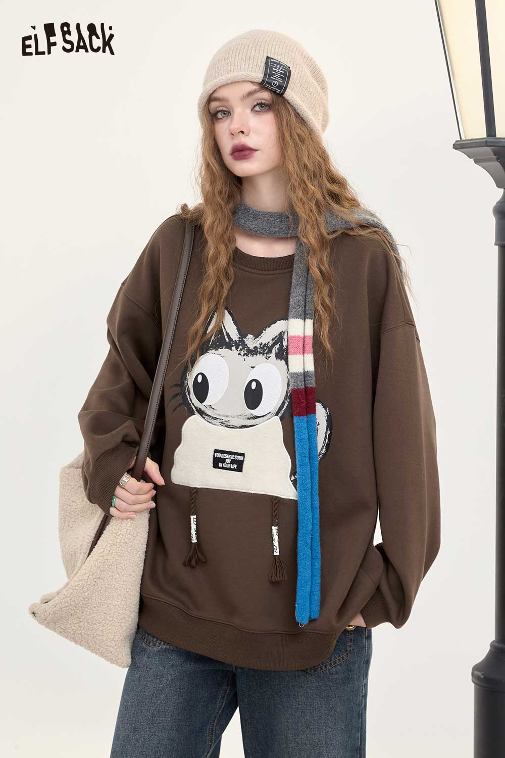 ELFSACK Vintage Cat Graphic Fleece Hoodie