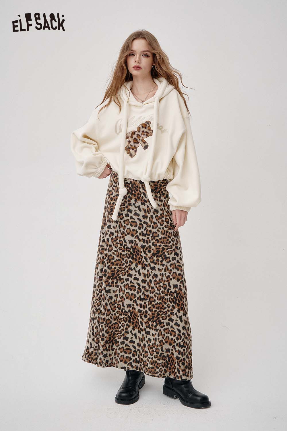ELFSACK Vintage Chic Leopard Print Long A Line Half Skirt