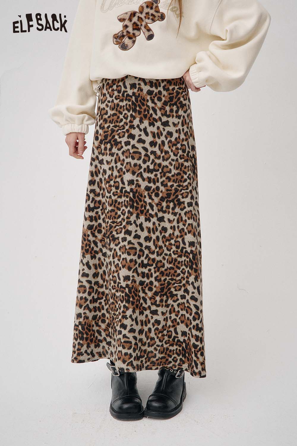 ELFSACK Vintage Chic Leopard Print Long A Line Half Skirt