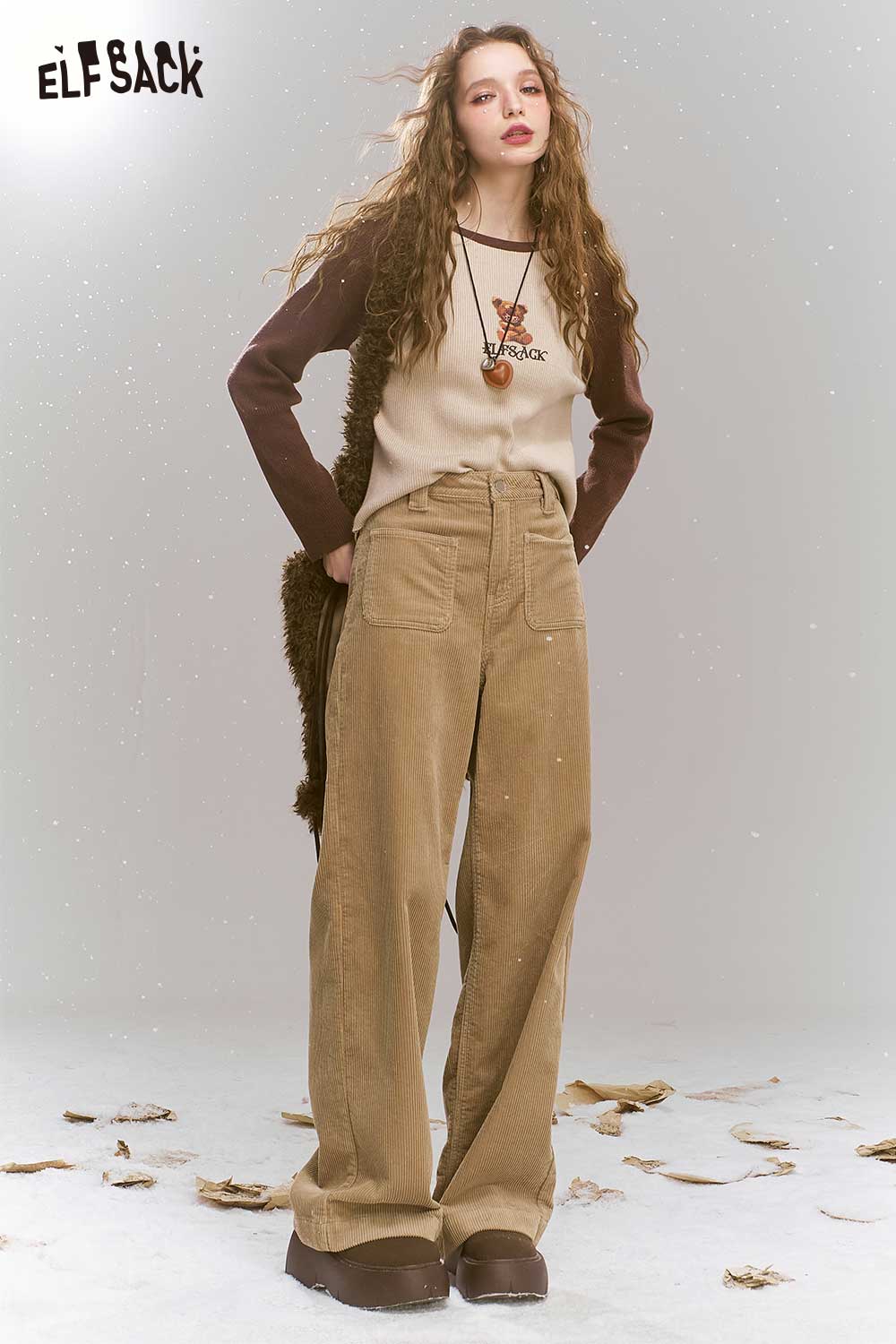 ELFSACK Vintage Corduroy Straight Leg Loose Slim Fit Wide Leg Pants