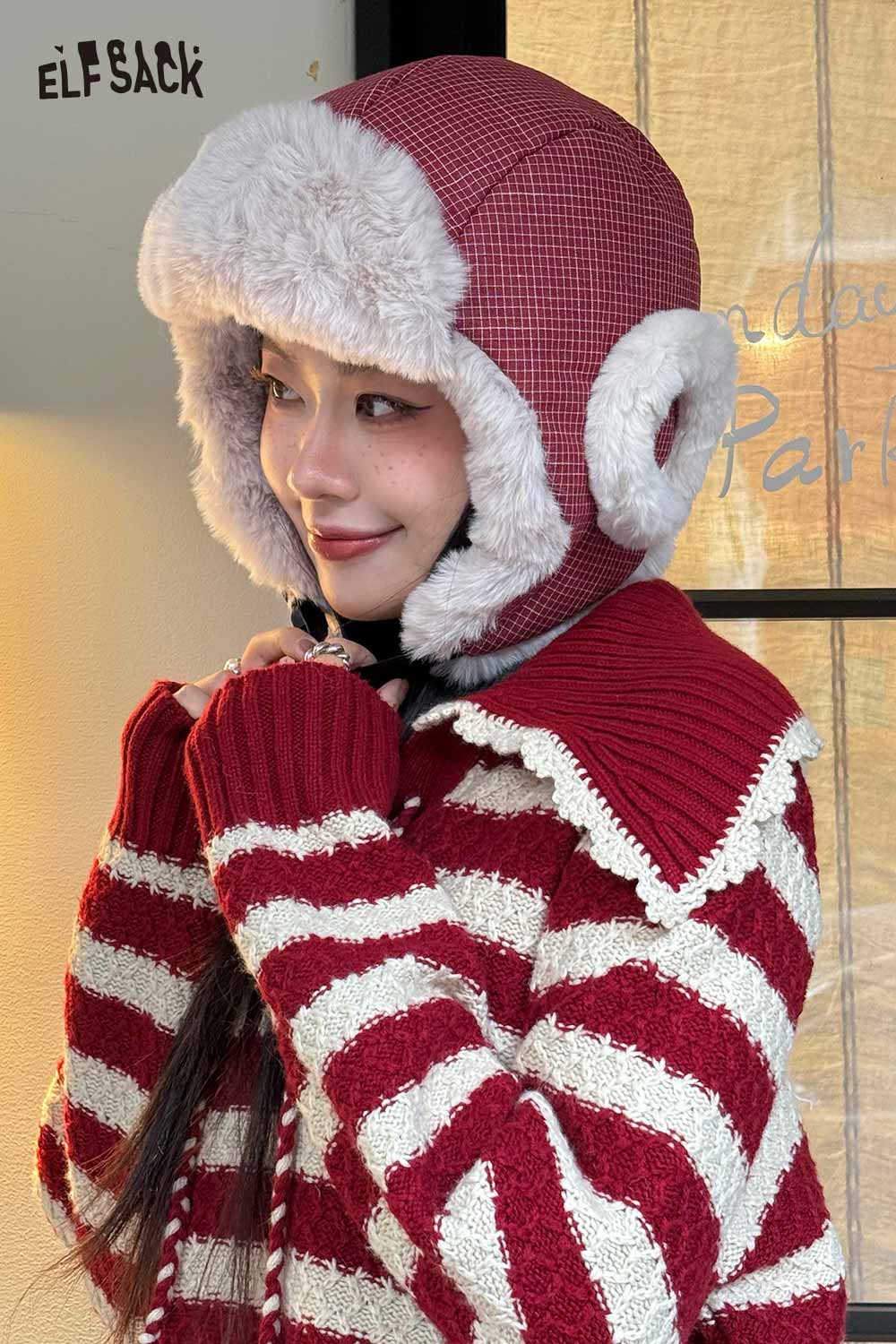 ELFSACK Vintage Cute Fine Plaid Plush Lining Ear Flap Ushanka Beanie
