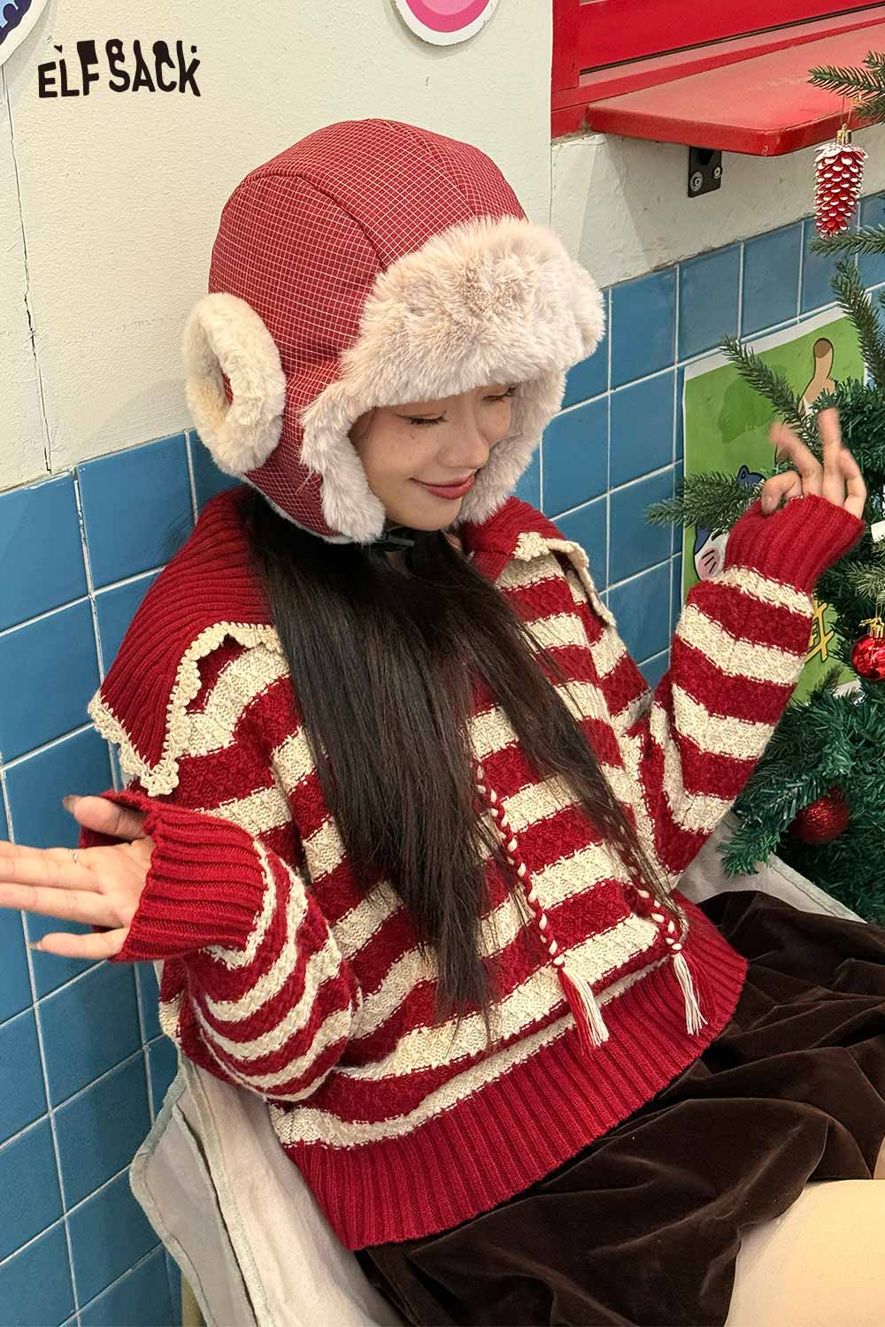 ELFSACK Vintage Cute Fine Plaid Plush Lining Ear Flap Ushanka Beanie