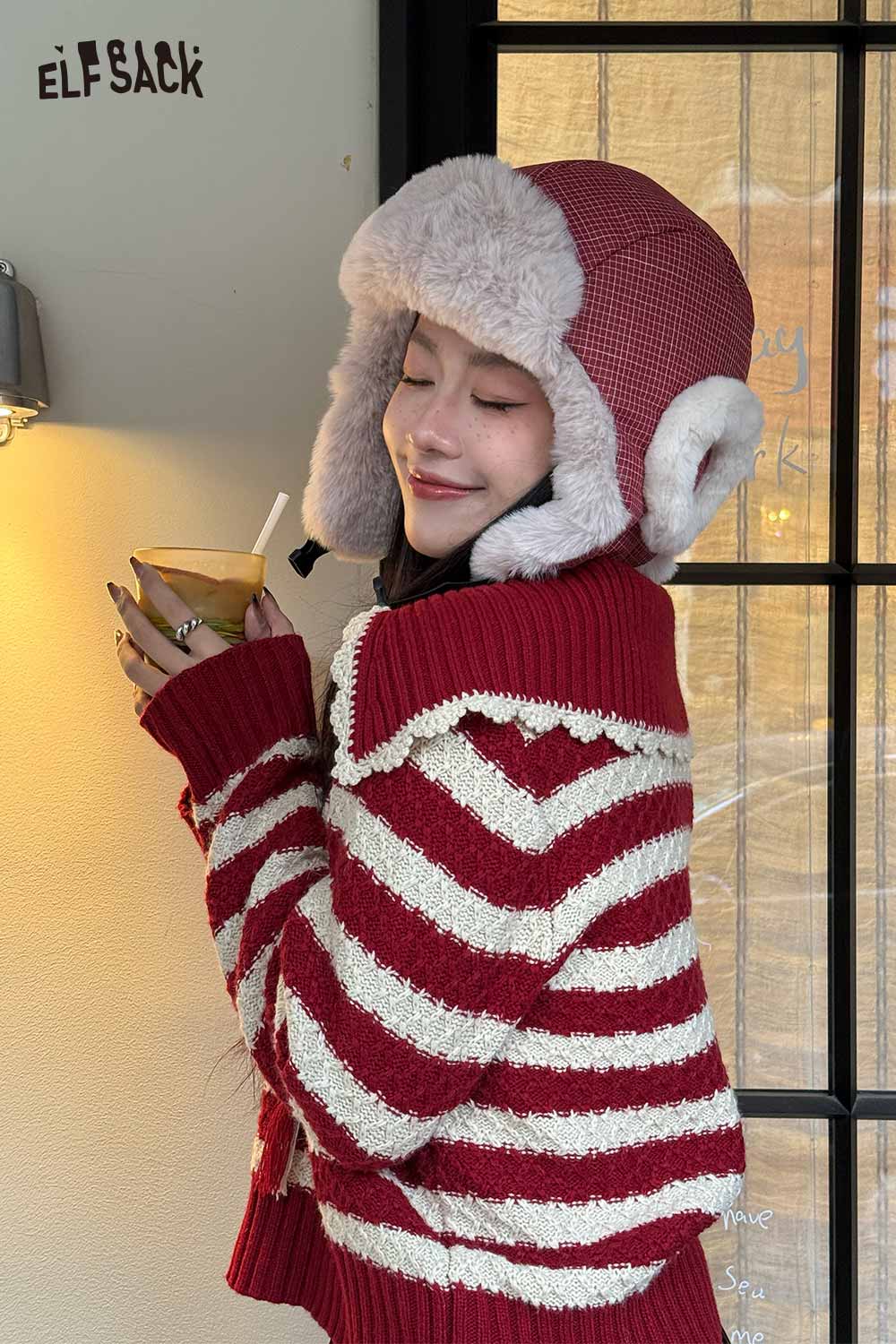 ELFSACK Vintage Cute Fine Plaid Plush Lining Ear Flap Ushanka Beanie