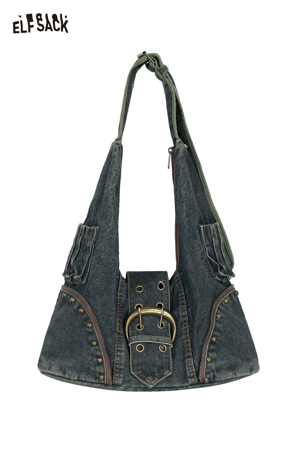 ELFSACK Vintage Denim Buckle Studded Hobo Bag
