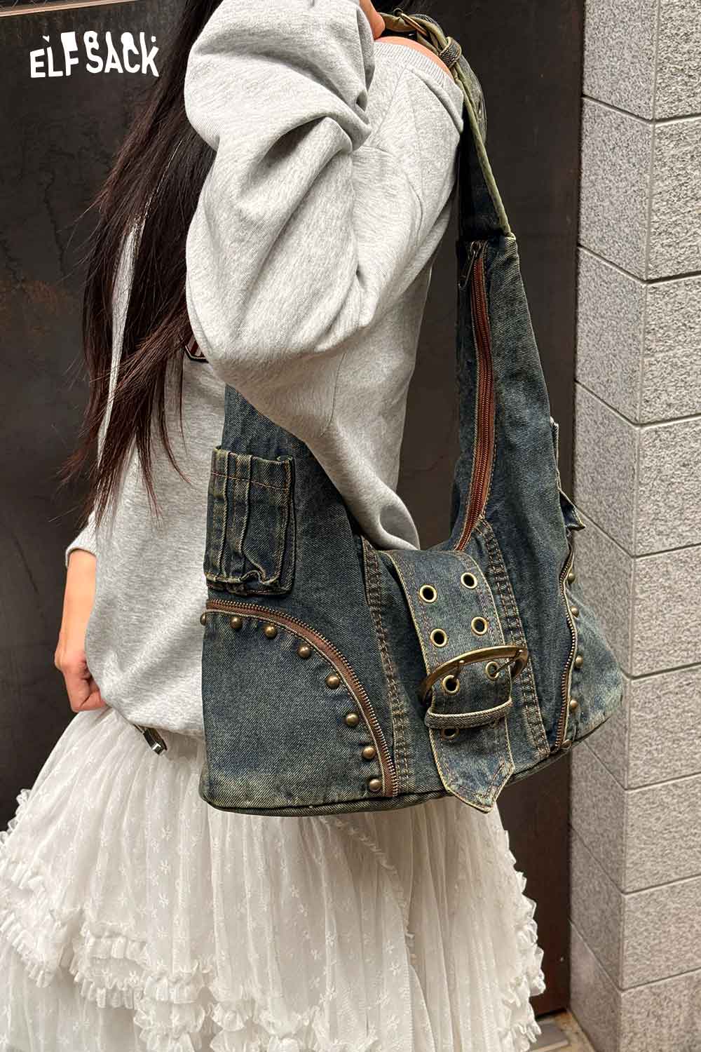 ELFSACK Vintage Denim Buckle Studded Hobo Bag