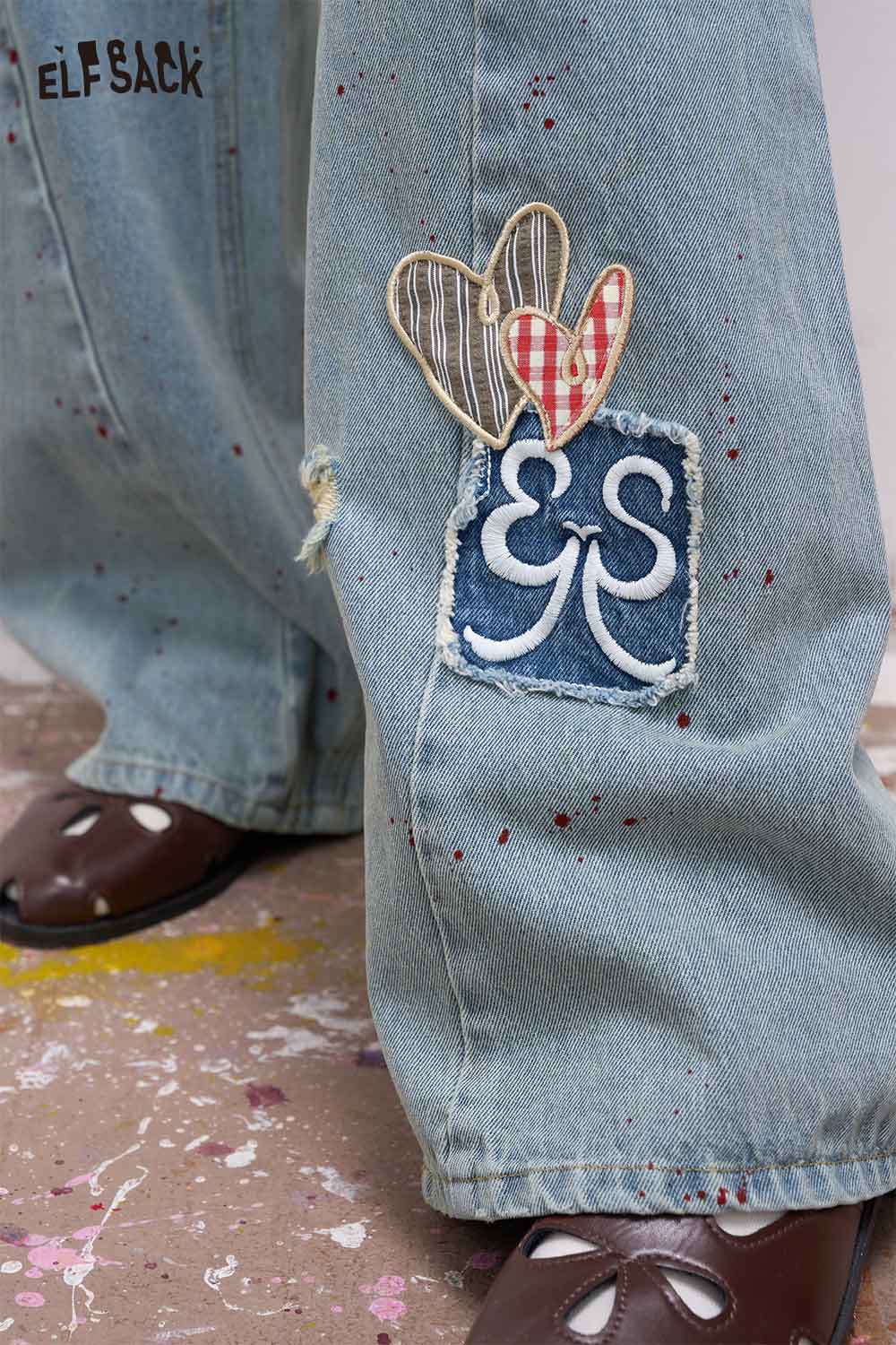 ELFSACK Vintage Denim Jeans with Bow Embroidery