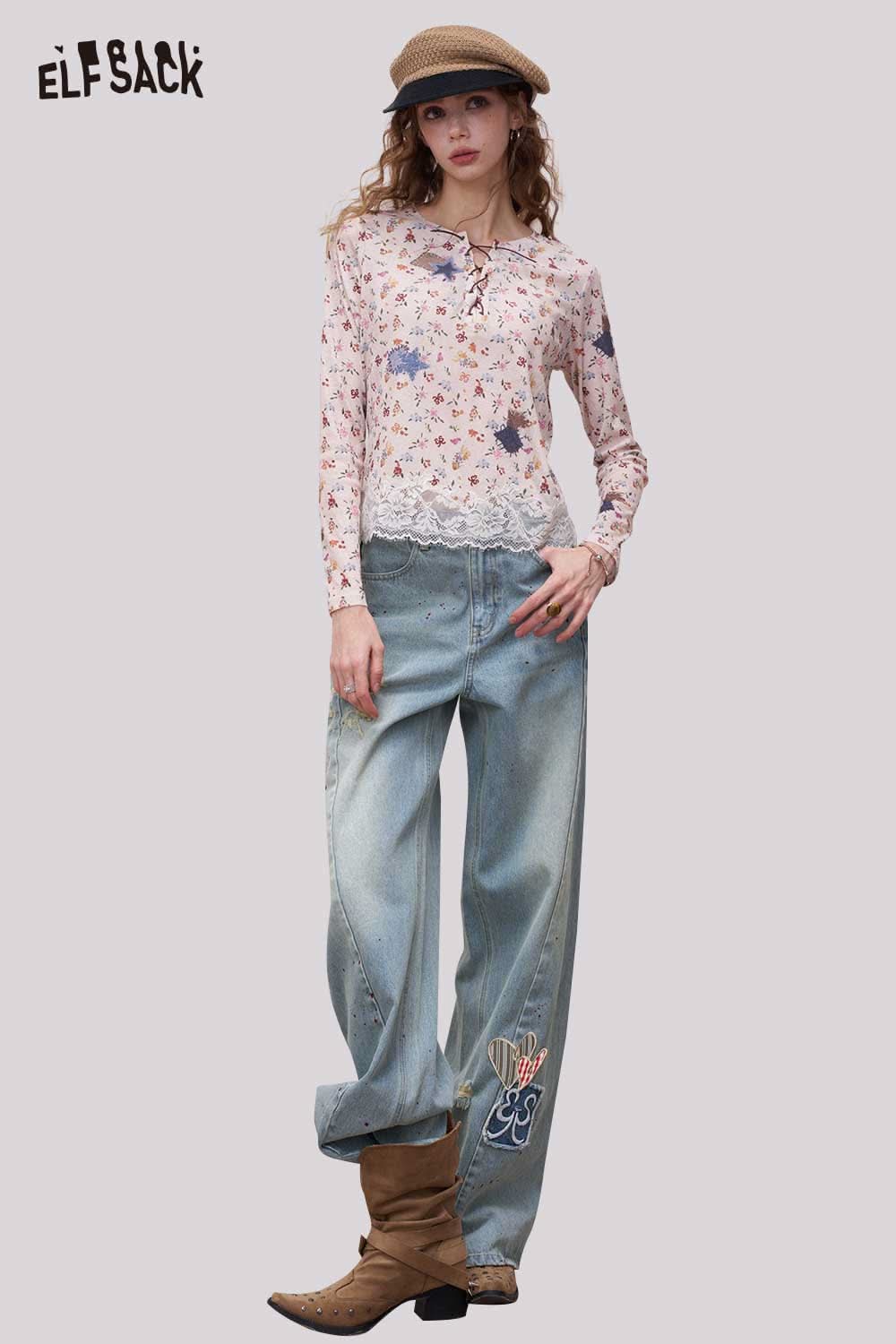 ELFSACK Vintage Denim Jeans with Bow Embroidery