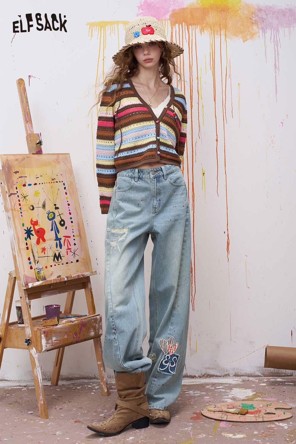 ELFSACK Vintage Denim Jeans with Bow Embroidery