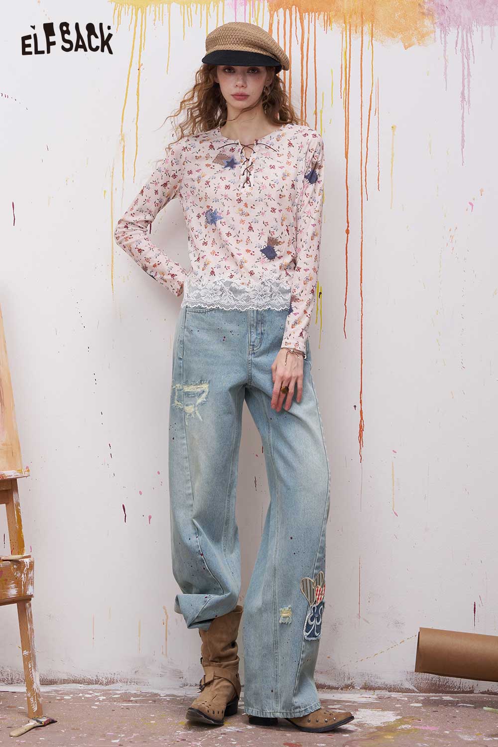ELFSACK Vintage Denim Jeans with Bow Embroidery