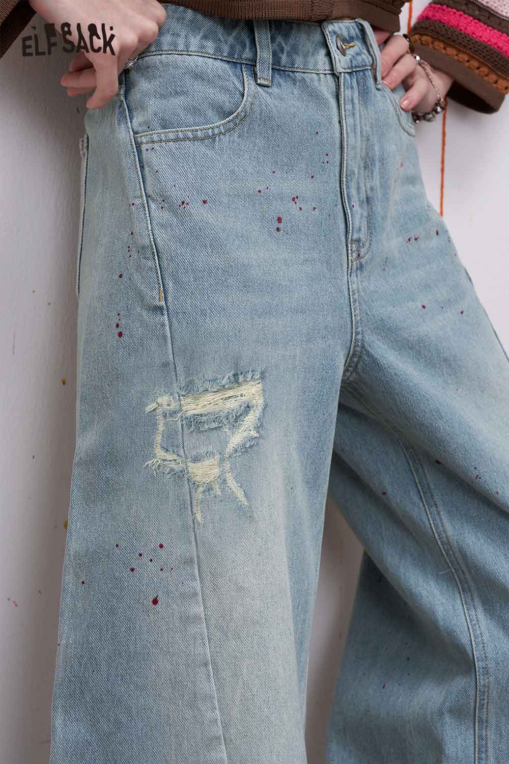 ELFSACK Vintage Denim Jeans with Bow Embroidery
