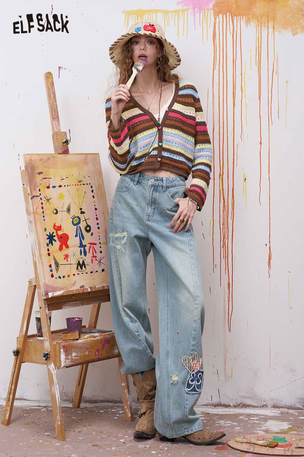 ELFSACK Vintage Denim Jeans with Bow Embroidery