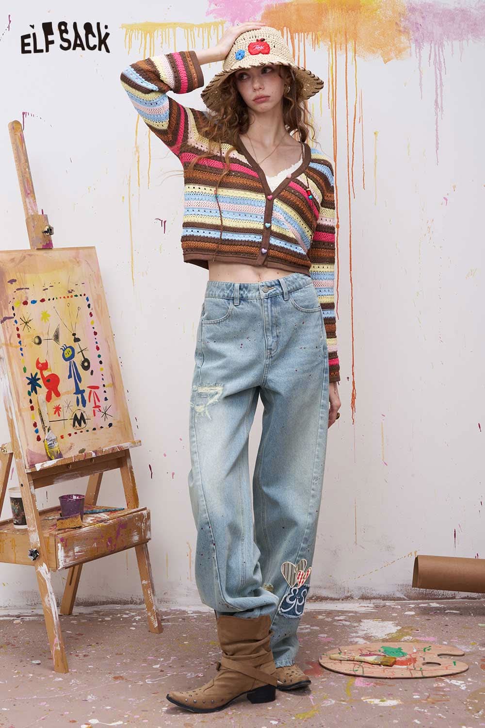 ELFSACK Vintage Denim Jeans with Bow Embroidery