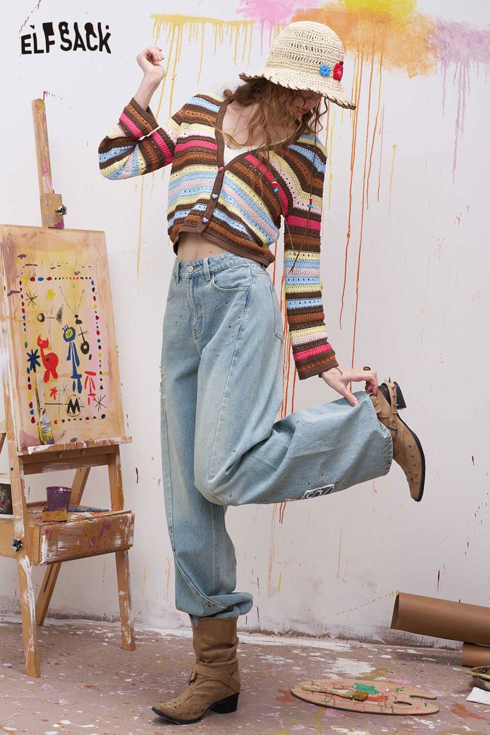 ELFSACK Vintage Denim Jeans with Bow Embroidery